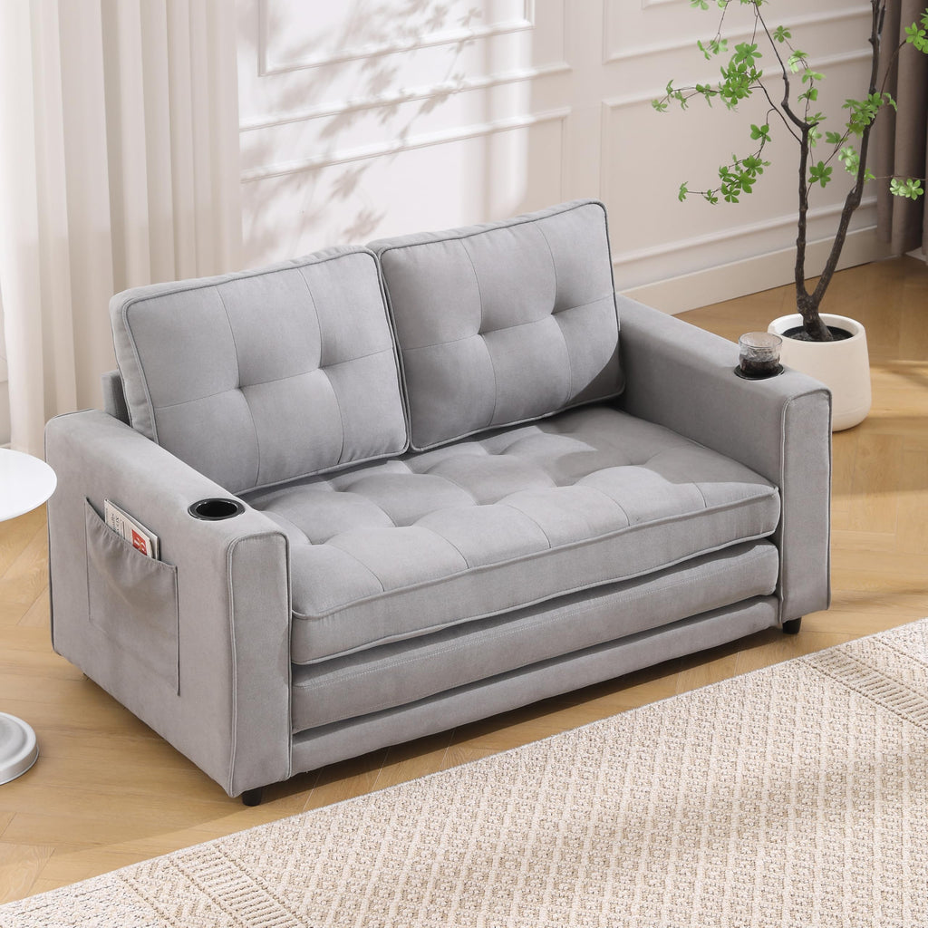 Light Gray Convertible Futon Sofa Bed with Cup Holder R48309