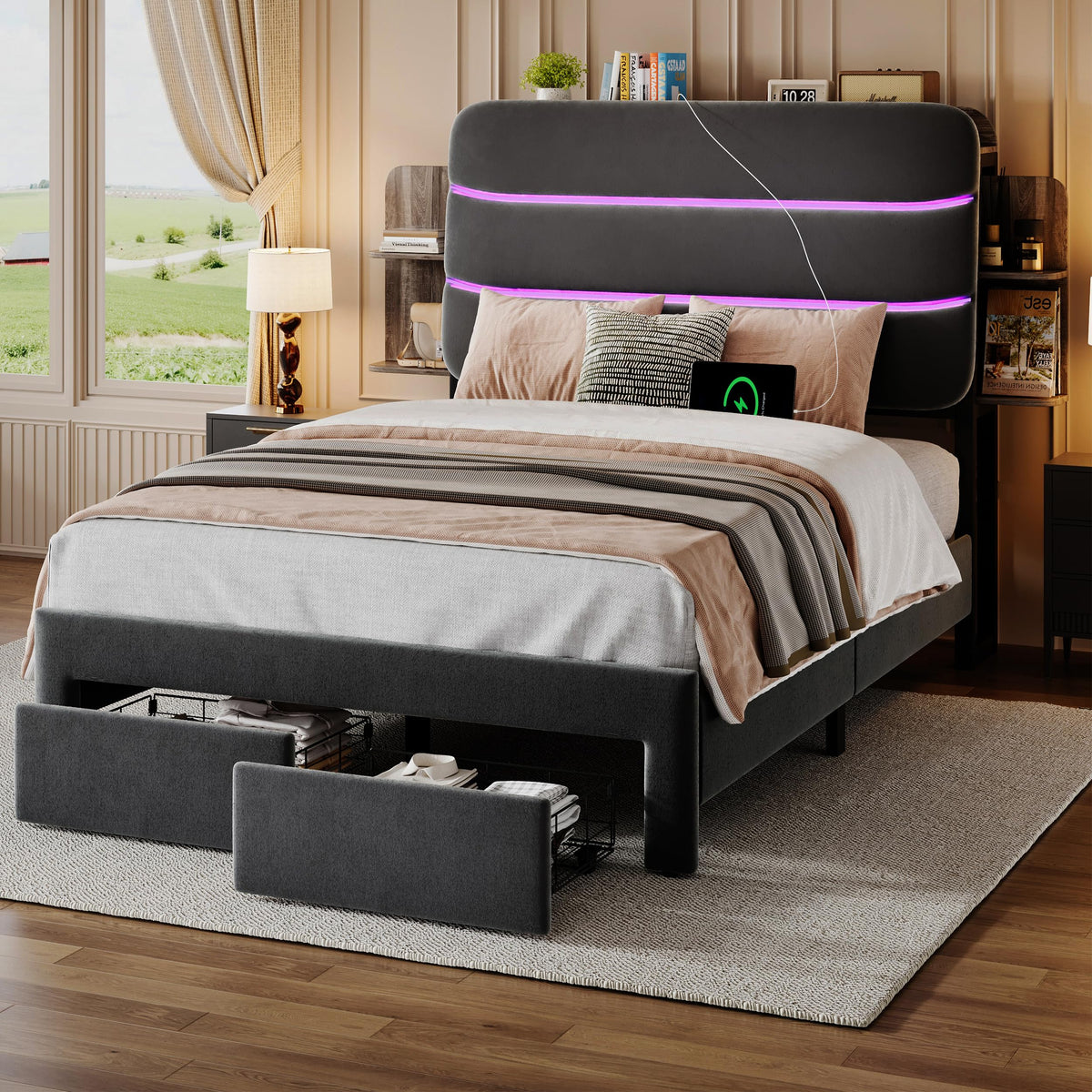 Twin Size Bed Frame with Drawer and Storage Headboard T69083