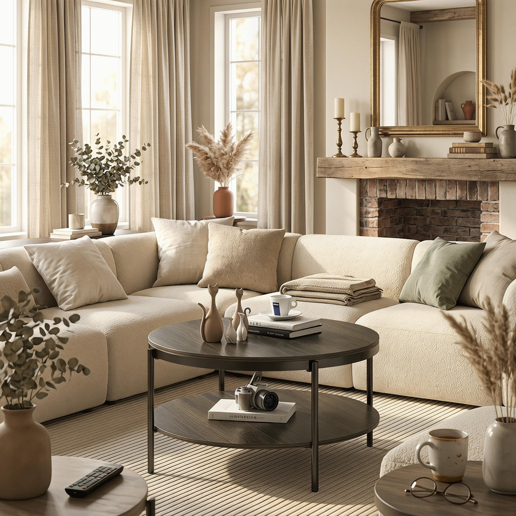 Round Coffee Table with 2-Tier Storage Shelf D70023