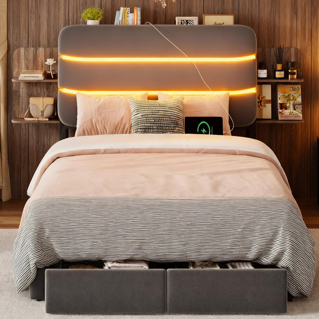 Twin Size Bed Frame with Drawer and Storage Headboard T69083