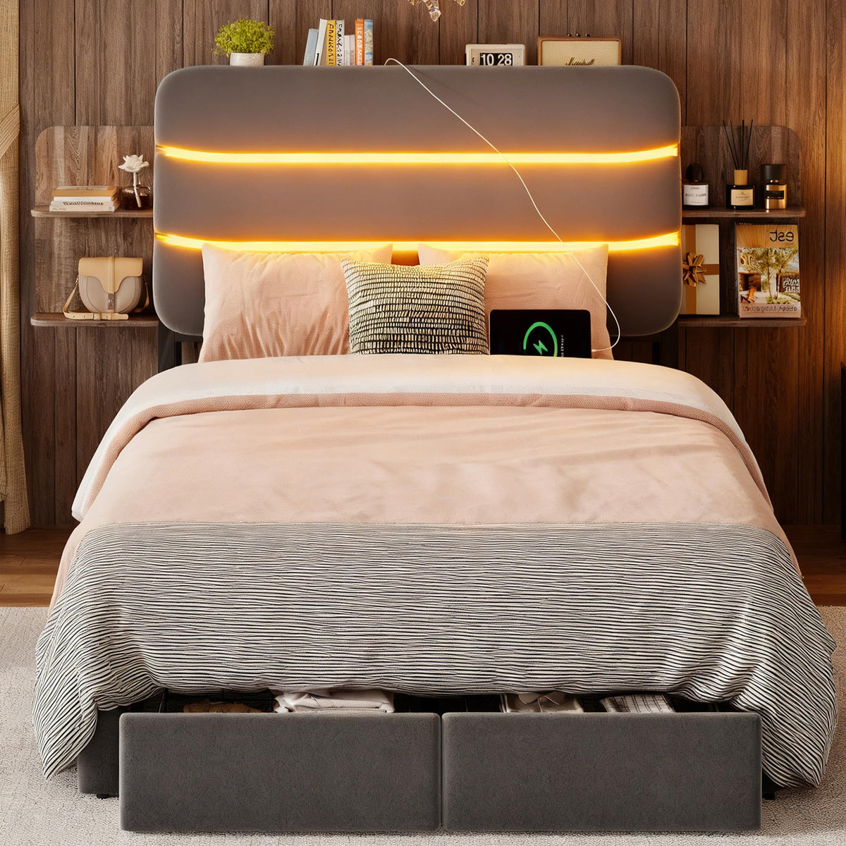Twin Size Bed Frame with Drawer and Storage Headboard T69083
