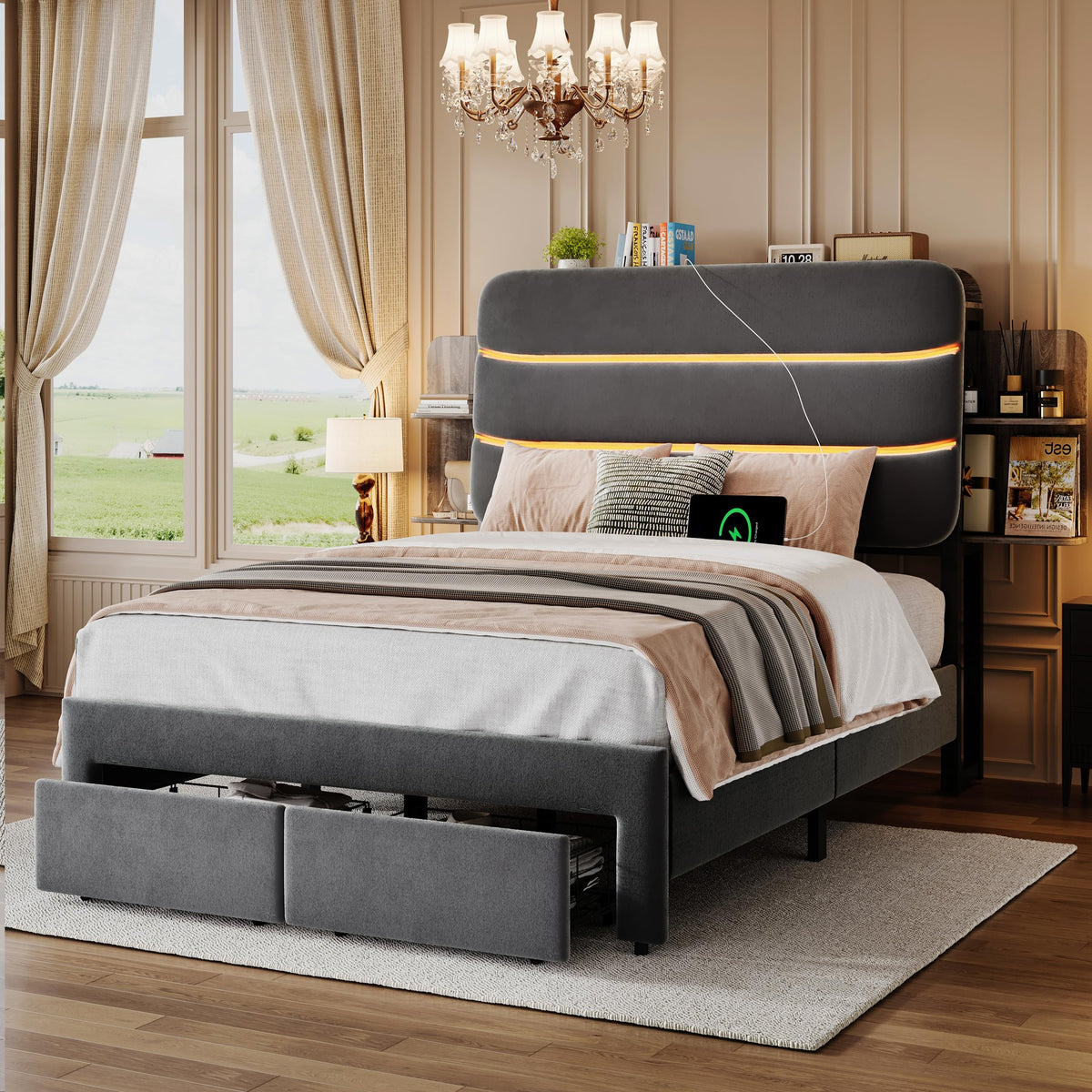 Twin Size Bed Frame with Drawer and Storage Headboard T69083